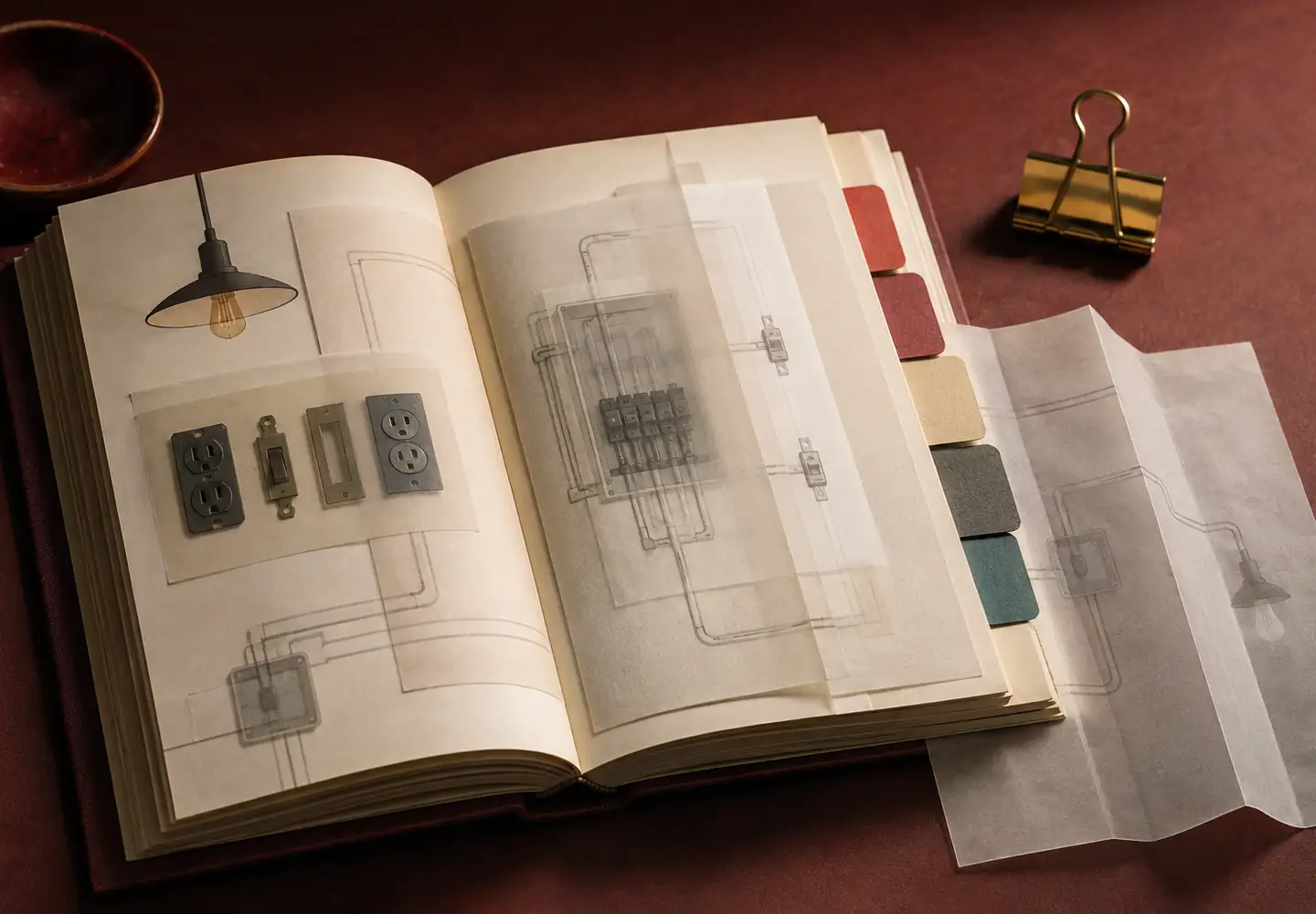 Manual abierto con diagramas sin texto, láminas translúcidas, componentes y pestañas de colores